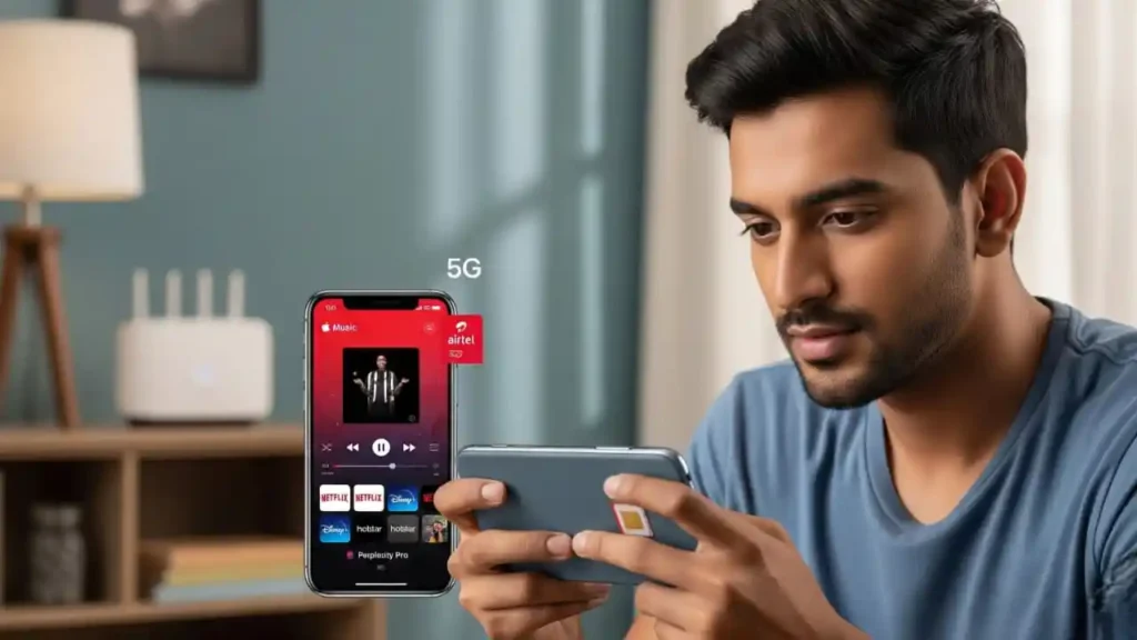 Airtel Prepaid Apple Music Offer 2025 -Airtel prepaid user enjoying Apple Music and Apple TV+ free trial via Airtel Thanks app on smartphone