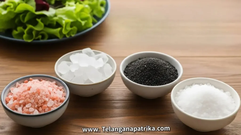 Different types of salt for salads – Himalayan pink, rock salt, black salt, sea salt – compared for health benefits.