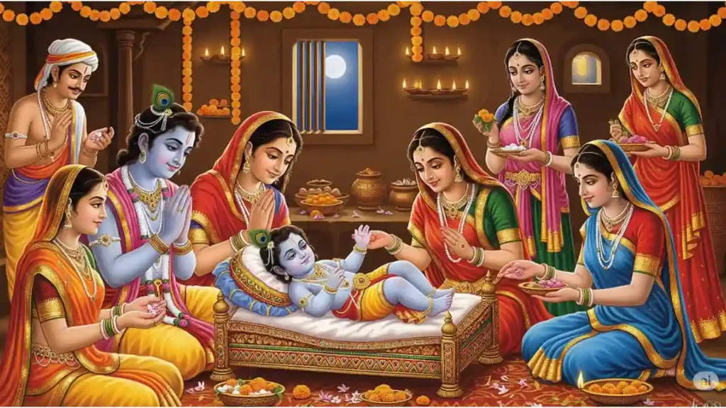 Janmashtami 2025 Telugu - "Krishna Janmashtami celebration with family offering prayers and flowers to baby Krishna lying on a cradle."