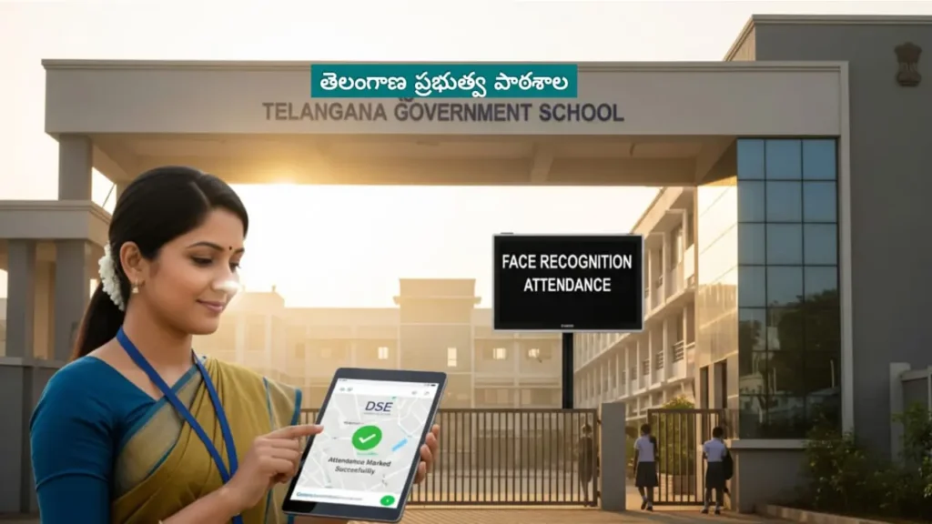 Telangana Teachers -Facial recognition attendance system in Telangana government schools – teacher logging in via DSE app with geo-tagged face scan at school entrance, August 2025