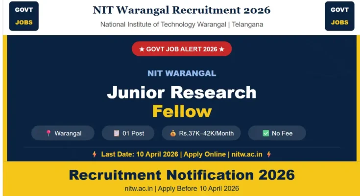 NIT Warangal Jobs 2026 Telangana – Junior Research Fellow, 01 Post, Salary Rs.37K–42K, Apply Online Before 10 April 2026