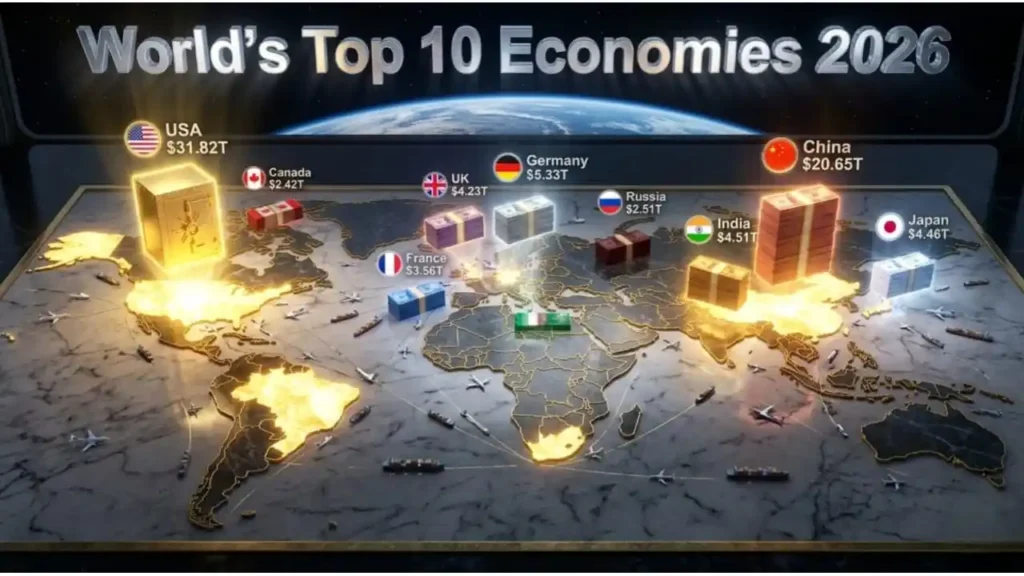 Top 10 Countries GDP Comparison Chart 2026 Trillion Dollars USA 31.82 China 20.65 Rankings