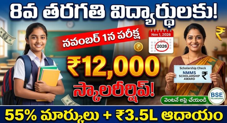 NMMSS Exam 2026 - National Means-cum-Merit Scholarship for 8th class students. ₹12,000 annual scholarship, eligibility, and application details.