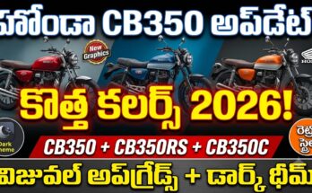 Honda CB350 2026 New Colours Update - CB350, CB350RS, and CB350C models with new graphics, dark theme elements, and retro styling.