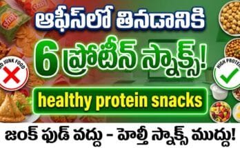 Healthy protein snacks for office desk – roasted chickpeas, makhana, nuts, yogurt, fruits, boiled eggs for healthy snacking.
