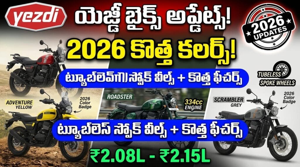 Yezdi Bikes 2026 Updates - New colors like Yellow Falcon, Green Mamba, Grey Panther with tubeless spoke wheels and updated features.