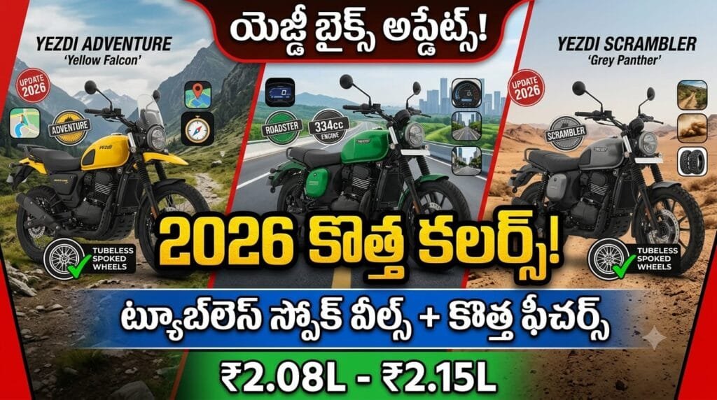 Yezdi Bikes 2026 Updates - New colors like Yellow Falcon, Green Mamba, Grey Panther with tubeless spoke wheels and updated features.