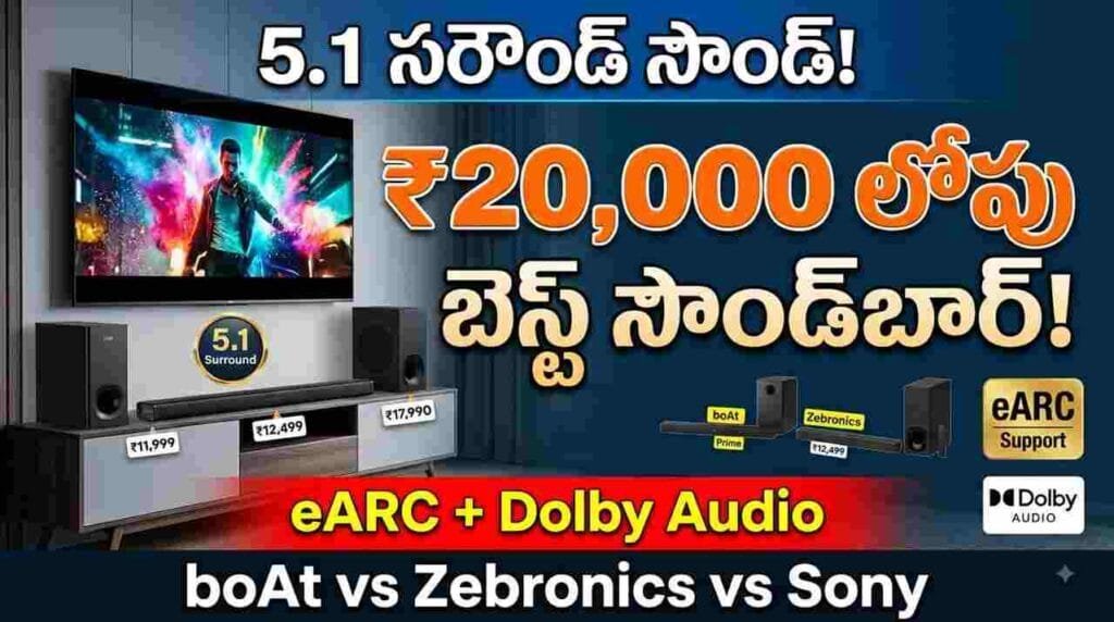 Best Soundbar Under 20000 - Top 3 soundbars (boAt, Zebronics, Sony) with 5.1 surround sound, eARC support, and Dolby Audio for smart TVs.