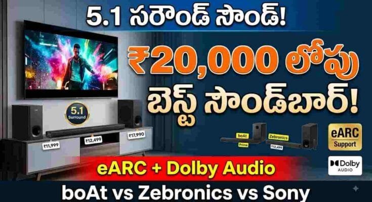 Best Soundbar Under 20000 - Top 3 soundbars (boAt, Zebronics, Sony) with 5.1 surround sound, eARC support, and Dolby Audio for smart TVs.