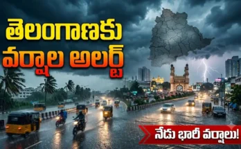 Telangana Weather Alert Today August 25 2026 with heavy rain clouds and Hyderabad skyline