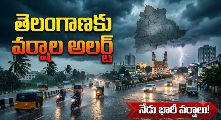 Telangana Weather Alert Today August 25 2026 with heavy rain clouds and Hyderabad skyline