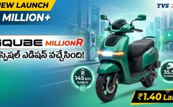 TVS iQube MillionR Edition Launch Telugu - Aurora Green dual-tone color, 145 km range, and 35.5L storage capacity.