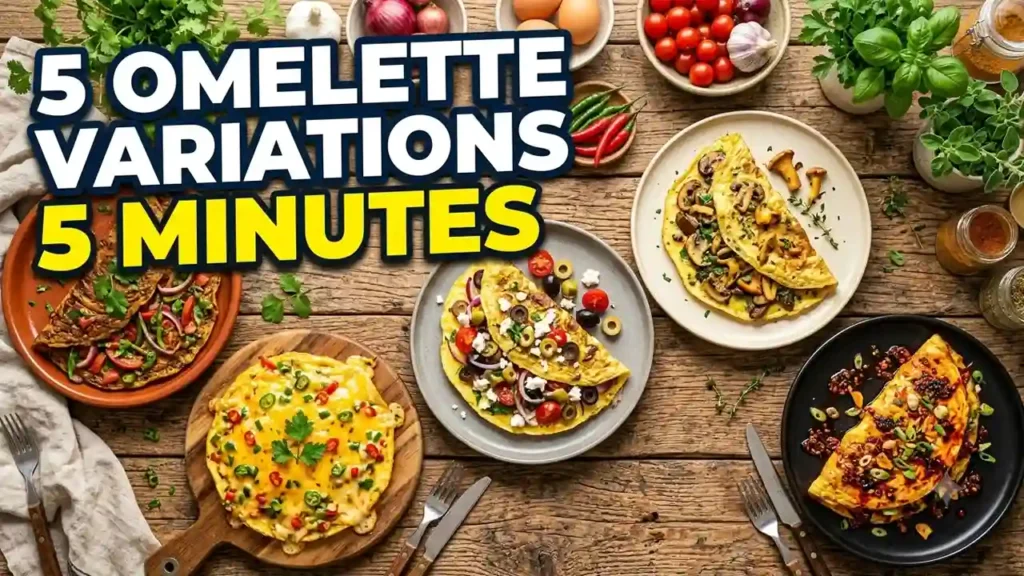 5 delicious omelette variations – masala, cheese chilli, Mediterranean, mushroom garlic, and chilli crisp omelette recipes for breakfast.