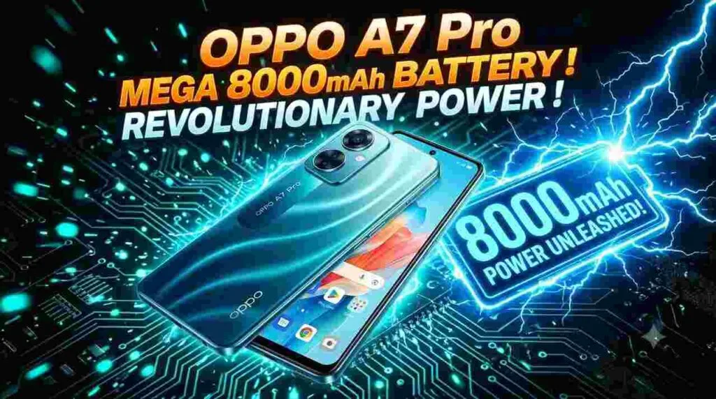 OPPO A7 Pro Launch - 8000mAh battery, 80W fast charging, and IP69K durability rating.

