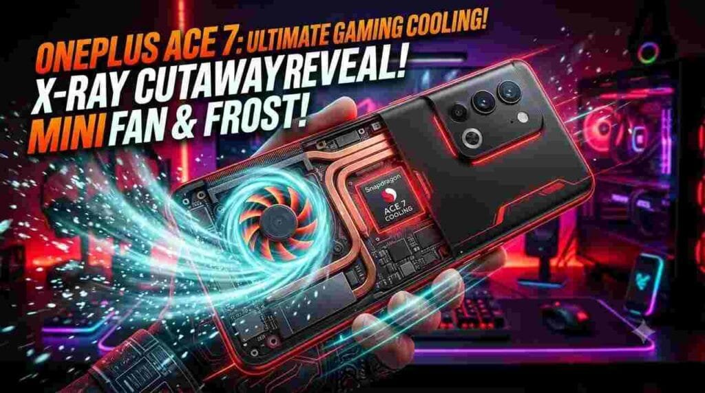 OnePlus Ace 7 Specs - 185Hz display, Snapdragon 8 Elite Gen 5, 200MP camera, and active cooling fan.