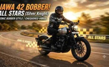 Jawa 42 Bobber All Stars Launch - Silver Knight colour, 334cc engine, chequered graphics, and mono-shock suspension.