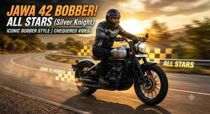 Jawa 42 Bobber All Stars Launch - Silver Knight colour, 334cc engine, chequered graphics, and mono-shock suspension.