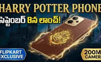 Realme Harry Potter Phone Launch - Hogwarts crest, brown leather texture, 200MP camera, and 7000mAh battery.