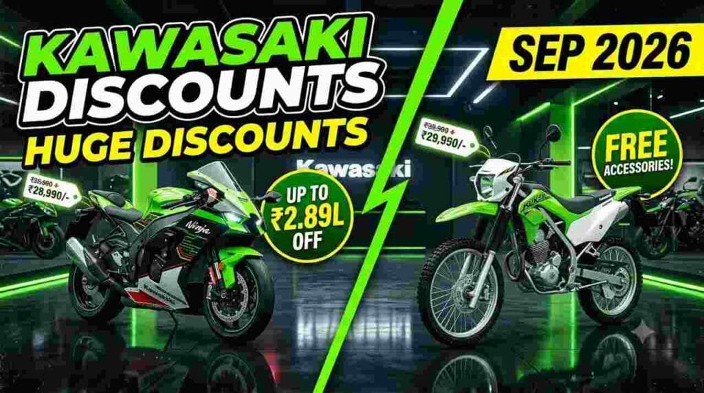 Kawasaki Bikes Discounts September 2026 - Massive cash discounts and free accessories on Ninja, Z-series, and KLX models.