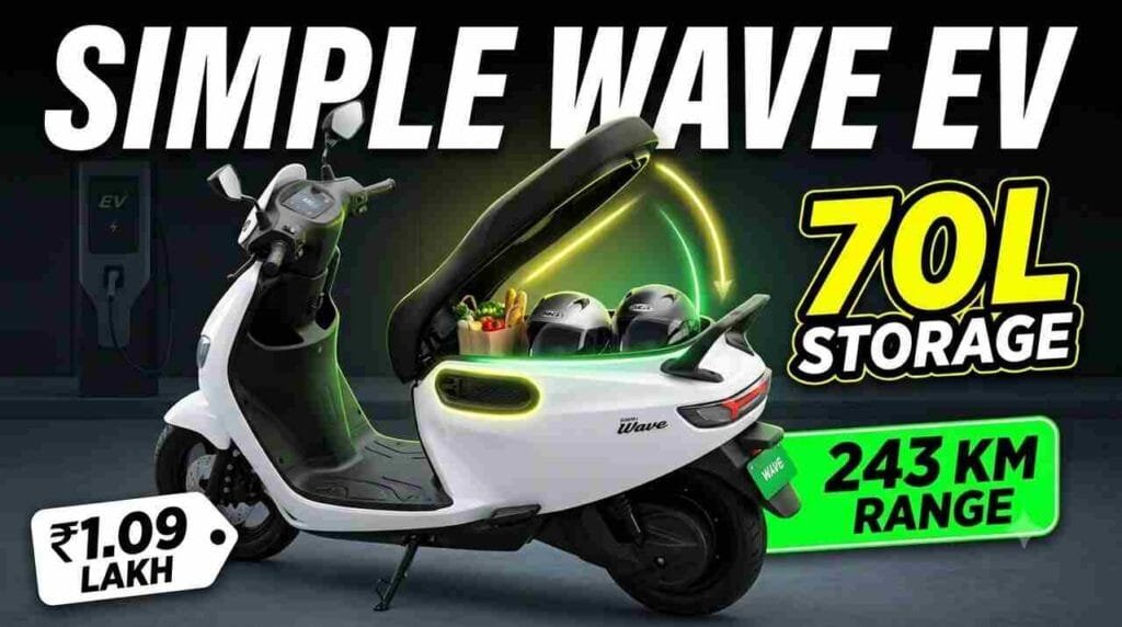 Simple Wave EV Scooter - 70-litre storage, 243 km range, family scooter design, and TFT display features.