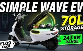 Simple Wave EV Scooter - 70-litre storage, 243 km range, family scooter design, and TFT display features.