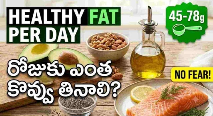 Healthy fat per day guide – avocado, nuts, olive oil, and fatty fish for a balanced Indian diet.
