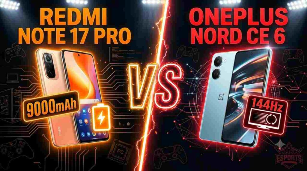 Redmi Note 17 Pro vs OnePlus Nord CE 6 - 9000mAh vs 8000mAh battery, Snapdragon chipsets, and AMOLED display comparison.