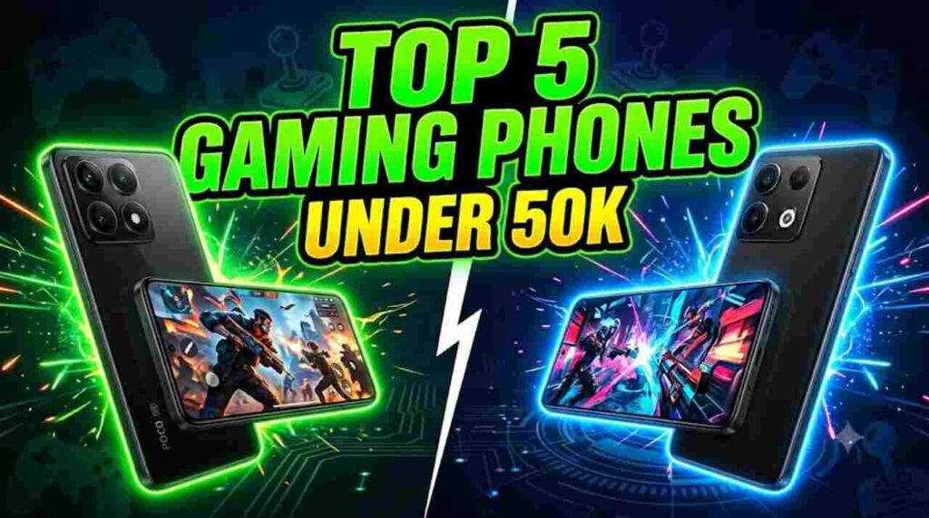 Best Gaming Phones Under 50000 - Poco X8 Pro Max, OnePlus Nord 6, Redmi Turbo 5, Nothing Phone 4a Pro, and Motorola Edge 70 Pro+.