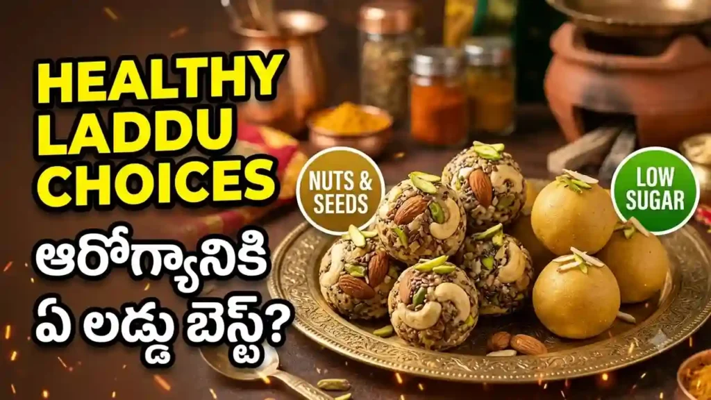 Healthy laddu choices – homemade nut, seed, and besan laddus with minimal sugar for a balanced diet.