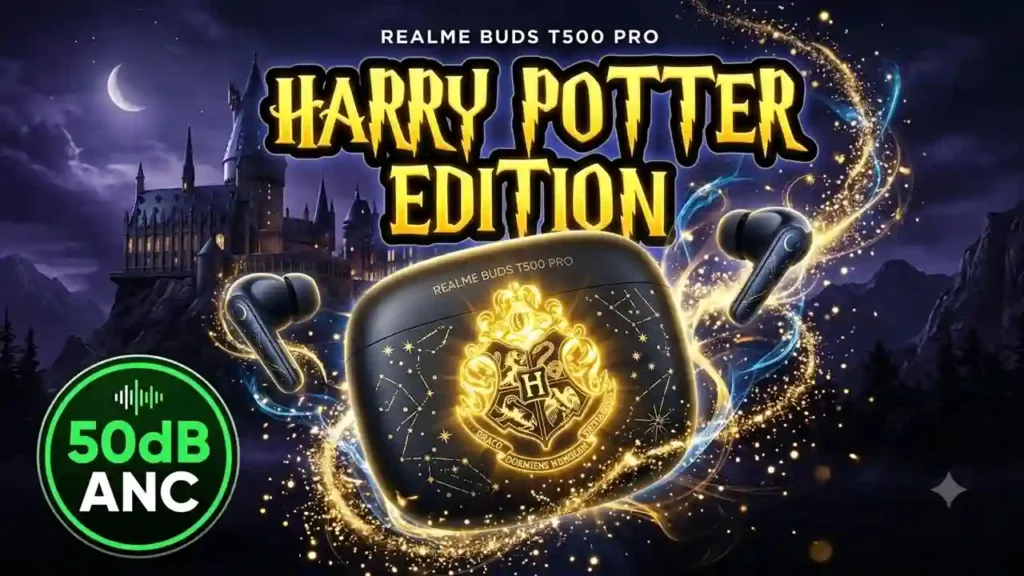 Realme Buds T500 Pro Harry Potter Edition India Launch - 50dB ANC, 56-hour battery, and Hogwarts-themed design.
