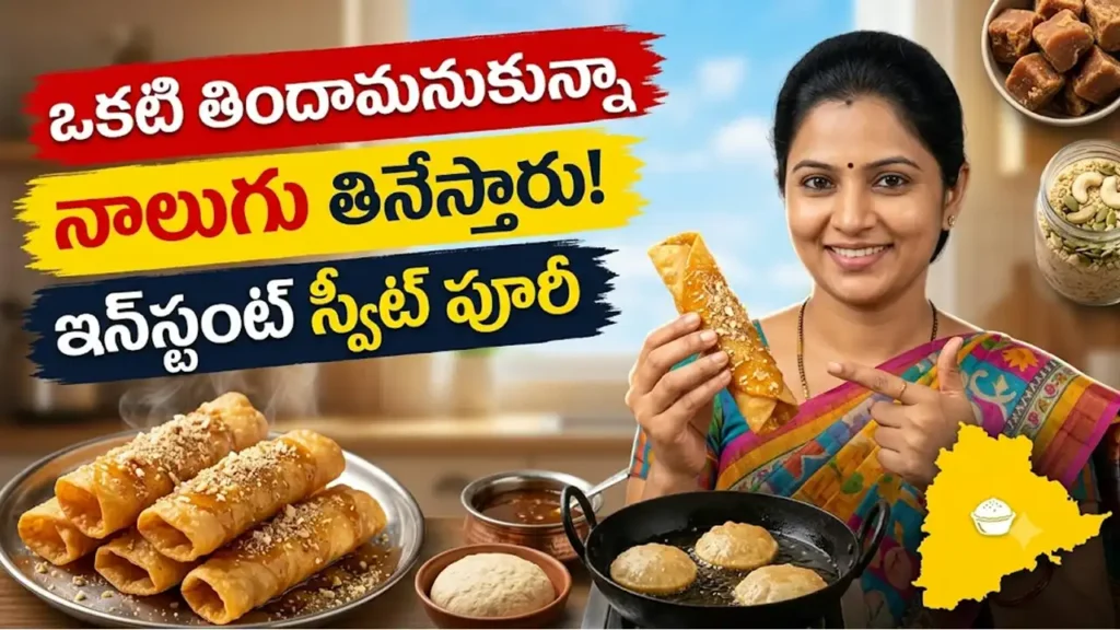 స్వీట్ పూరీ రెసిపీ : బెల్లం పాకంలో ముంచి, స్టఫింగ్ పొడి చల్లి రోల్ చేసిన స్వీట్ పూరీలు